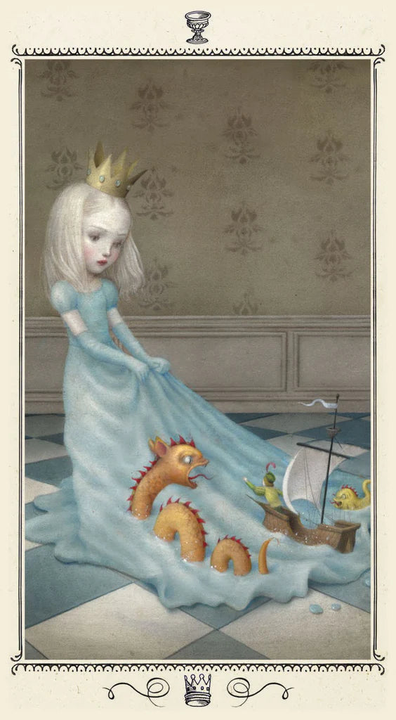 Illustration of a princess in a blue gown with a toy dragon and boat on a checkered floor.