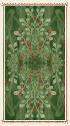 Decorative design with green leaves and red berries on a green background