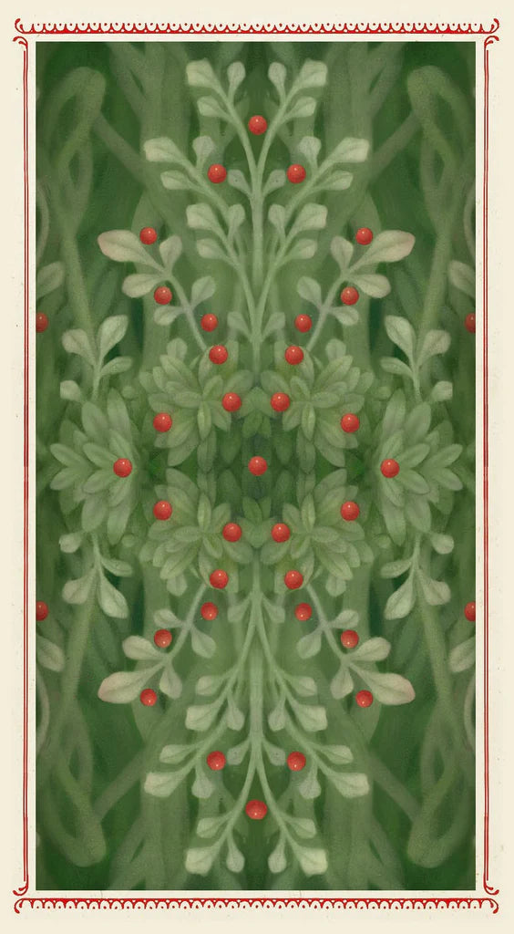 Decorative design with green leaves and red berries on a green background