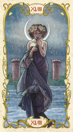 Art Nouveau-style card featuring a woman in a purple dress with decorative elements and castle-like structures in the background.