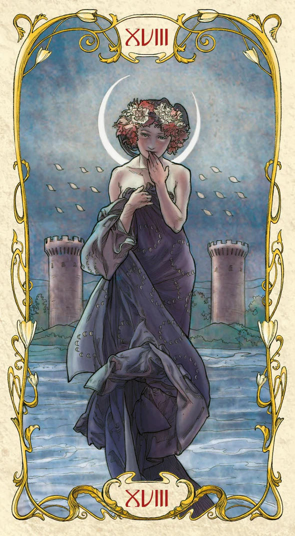 Art Nouveau-style card featuring a woman in a purple dress with decorative elements and castle-like structures in the background.