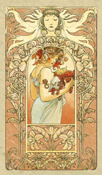 Art Nouveau style illustration of a woman holding flowers with decorative elements.