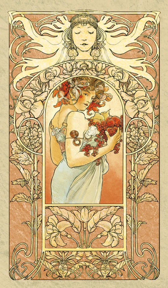 Art Nouveau style illustration of a woman holding flowers with decorative elements.