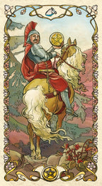 Vintage-style illustration of a warrior on horseback with decorative border and symbols.