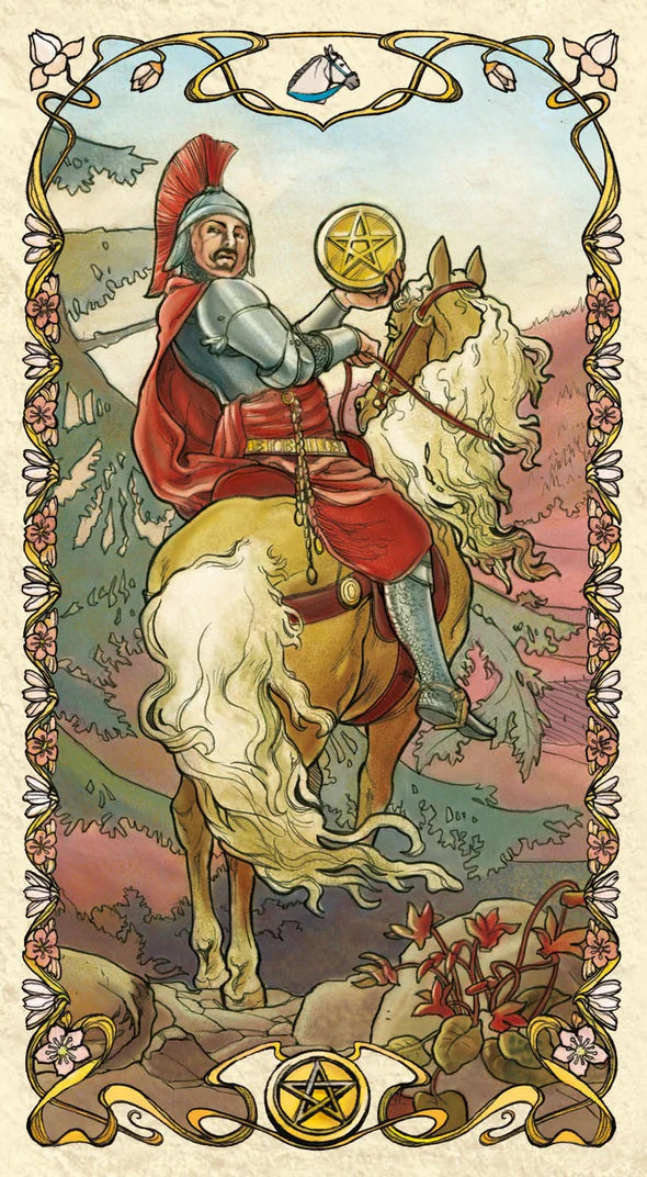 Vintage-style illustration of a warrior on horseback with decorative border and symbols.