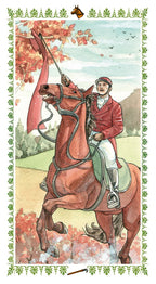 Illustration of a horse and rider in an autumnal setting with trees and mountains.