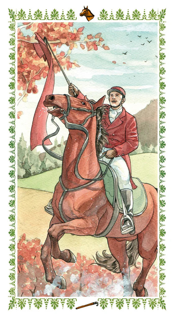 Illustration of a horse and rider in an autumnal setting with trees and mountains.