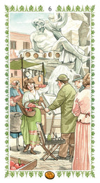 Vintage-style illustration of a market scene with people and a fountain.