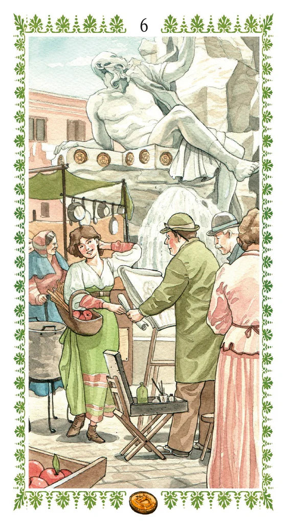 Vintage-style illustration of a market scene with people and a fountain.