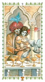 Illustration of a person with a mask holding a dove, surrounded by goblets and decorative elements.