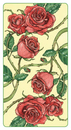 Illustration of red roses with green leaves on a yellow background