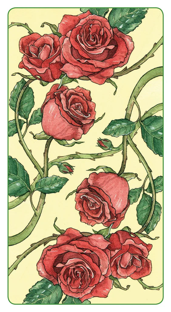 Illustration of red roses with green leaves on a yellow background