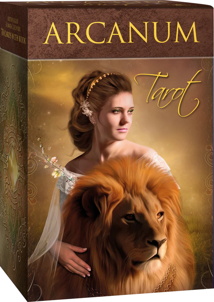 Arcanum Tarot box with a woman and lion illustration on a gold and brown background