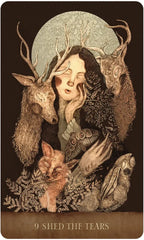 Artistic depiction of a woman with animal elements and text '9 Shed the Tears' on a dark background.