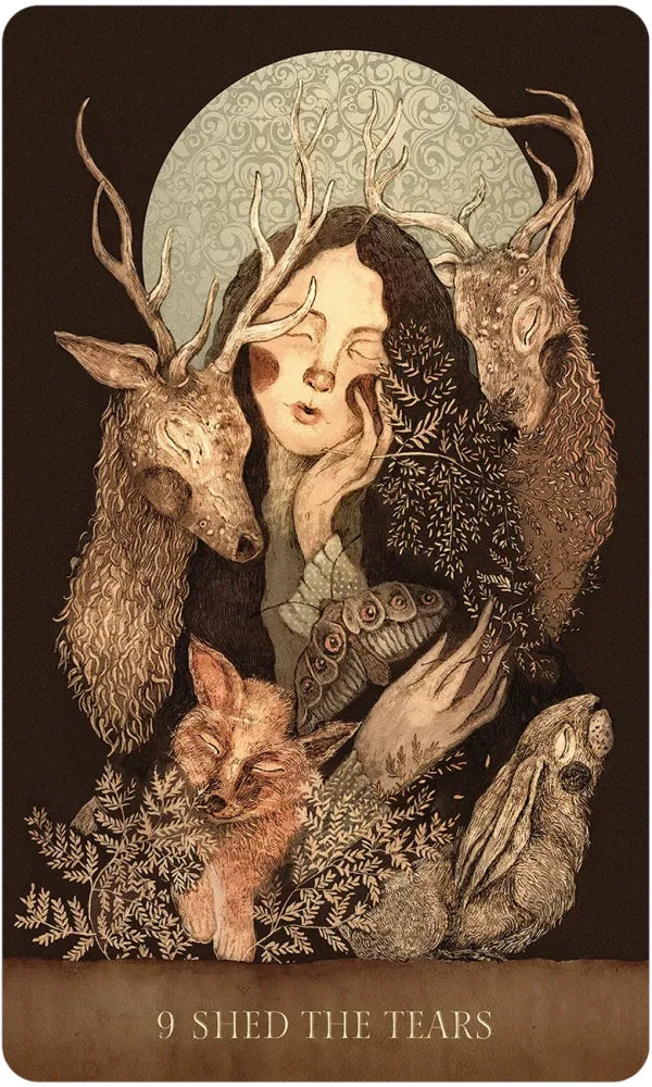 Artistic depiction of a woman with animal elements and text '9 Shed the Tears' on a dark background.
