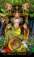 Tarot card featuring a woman with a rabbit, surrounded by nature elements and a pentacle symbol, titled 'Queen of Pentacles'.