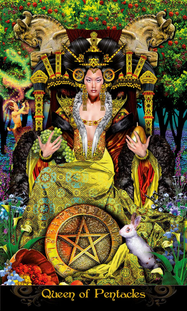 Tarot card featuring a woman with a rabbit, surrounded by nature elements and a pentacle symbol, titled 'Queen of Pentacles'.