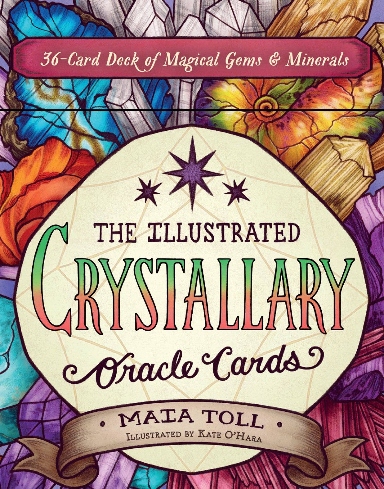 Cover of 'The Illustrated Crystallary Oracle Cards' with colorful design and text.