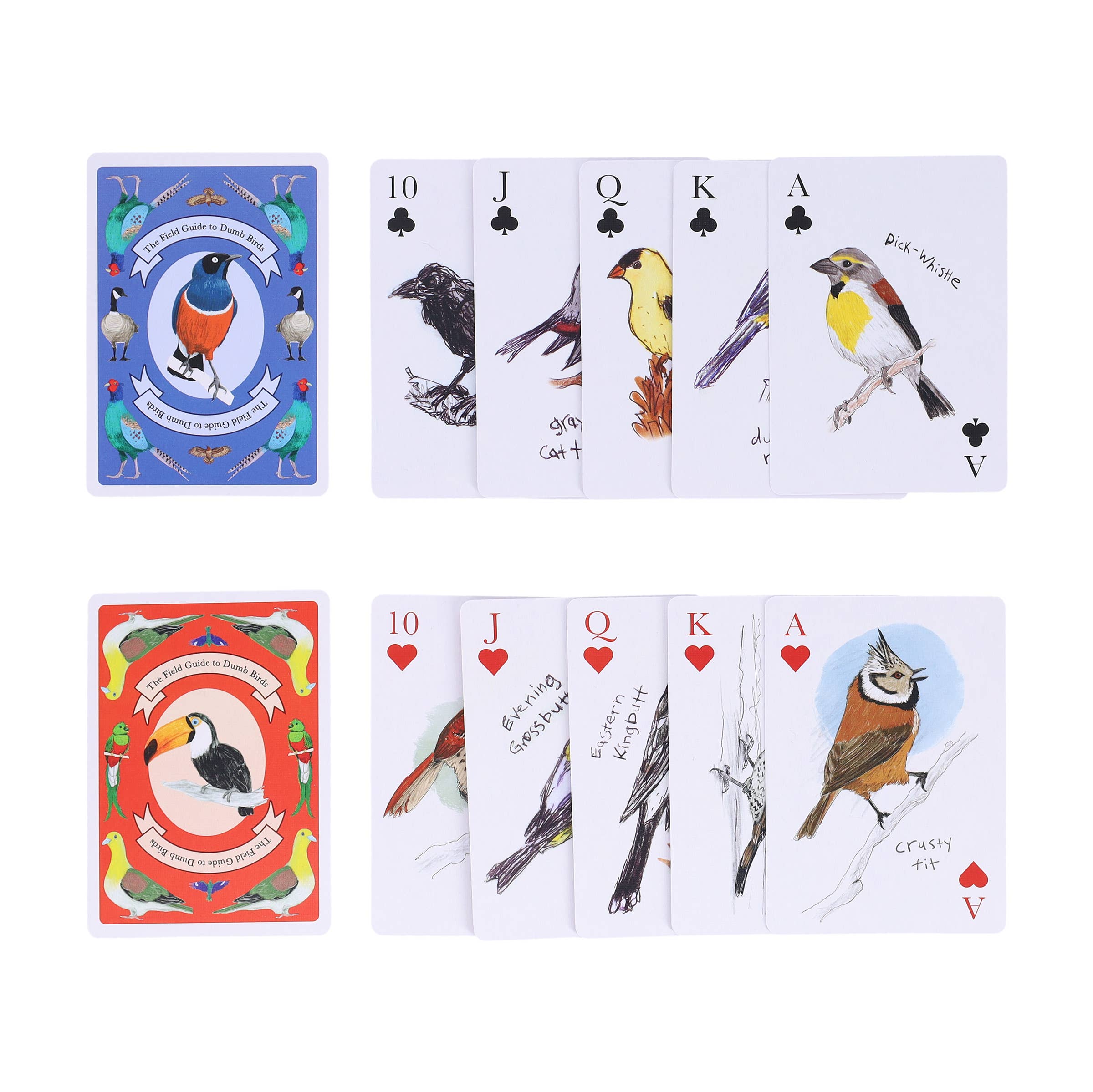 Set of playing cards with bird illustrations on a white background