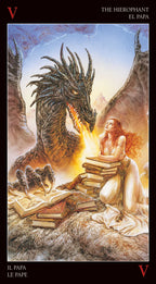 Tarot card featuring a dragon and a person with books, titled 'The Hierophant'.