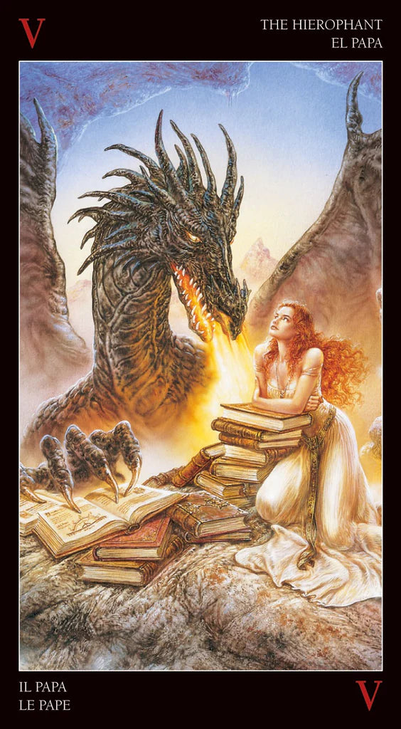Tarot card featuring a dragon and a person with books, titled 'The Hierophant'.
