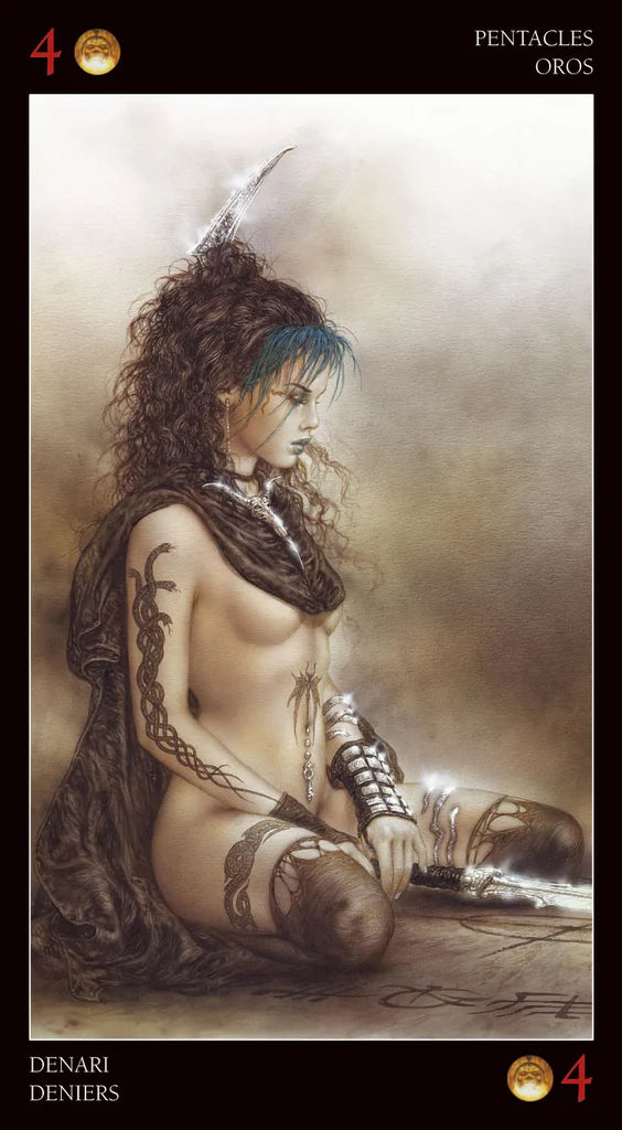 Tarot card featuring a nude figure with long hair and tattoos, sitting on a stone surface.