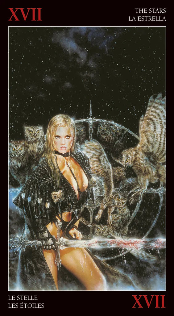 Vintage-style poster with a woman in a fur coat surrounded by owls against a starry night sky.