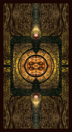 Decorative design with central circular emblem on a textured background