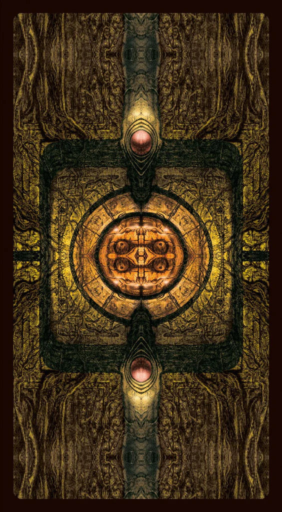 Decorative design with central circular emblem on a textured background