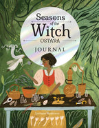 Book cover of 'Seasons of the Witch Ostara Journal' with an illustration of a witch at a table surrounded by plants and magical items.