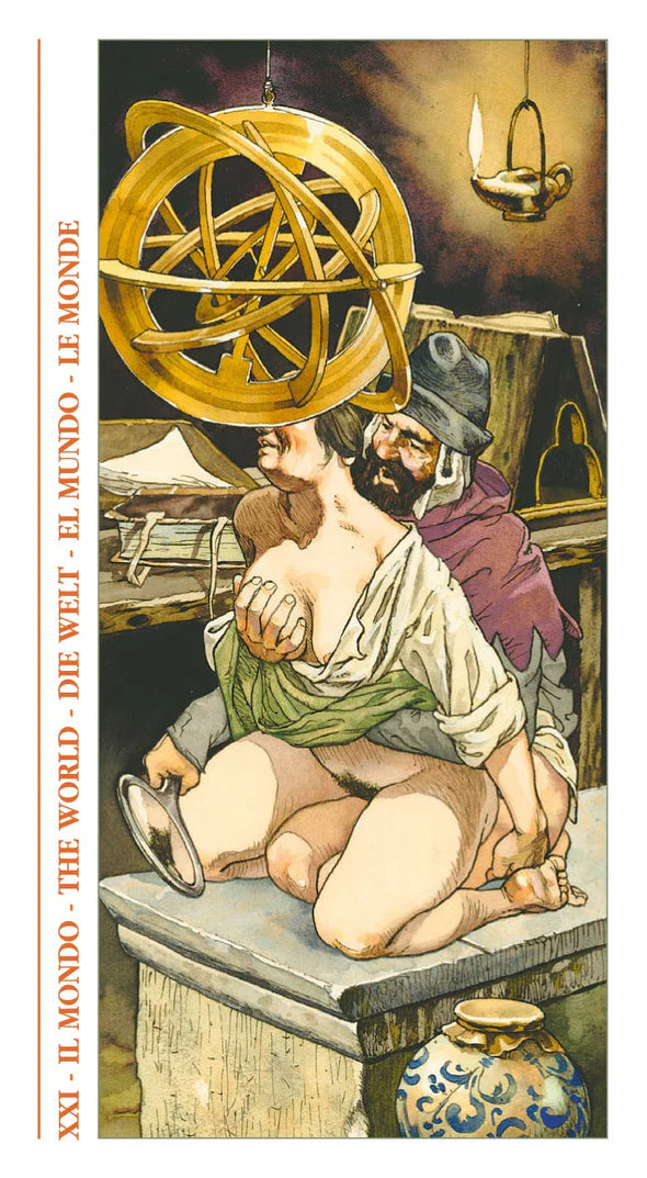 Illustration of a man and woman engaging in a sexual situation. Features an armillary sphere in a classical setting