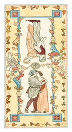 Decorative illustration of a couple embracing with ornate borders and patterns.