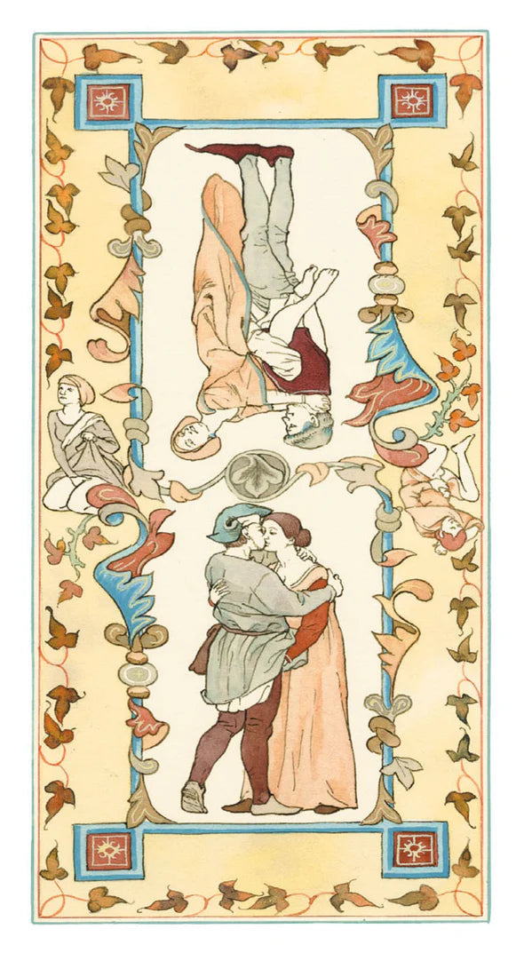Decorative illustration of a couple embracing with ornate borders and patterns.