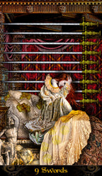 Tarot card featuring a woman with long hair and a yellow garment, surrounded by classical architecture and figures.