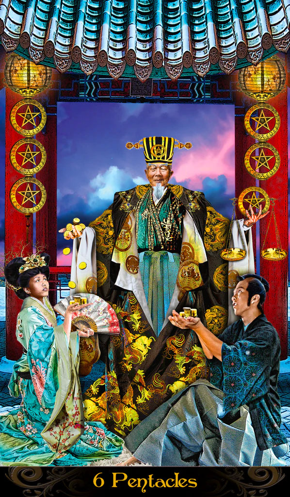 Card featuring a person in regal attire with two attendants, set against a colorful background with traditional elements.
