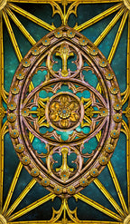 Decorative metalwork with intricate patterns and gold accents on a teal background