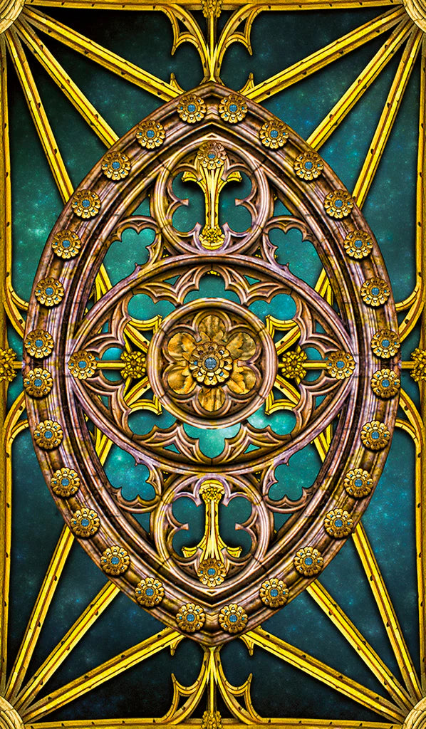 Decorative metalwork with intricate patterns and gold accents on a teal background