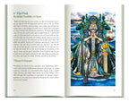 Open book with an illustration of a figure in a fantasy costume on the right page.