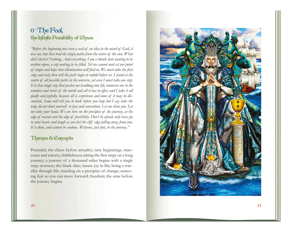 Open book with an illustration of a figure in a fantasy costume on the right page.