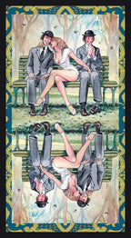 The back of the Erotic Tarot of Manara. It features a design of three people on a park bench. A woman in the middle wraps her arm around one of the men while the other looks excited.