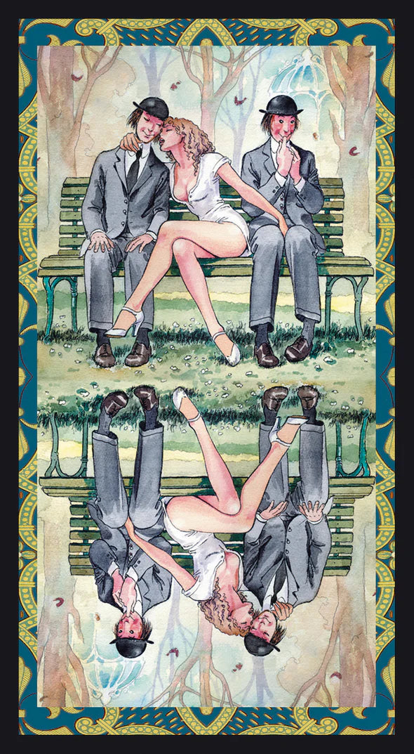 The back of the Erotic Tarot of Manara. It features a design of three people on a park bench. A woman in the middle wraps her arm around one of the men while the other looks excited.