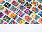 Collection of colorful tarot cards arranged in a grid on a white background
