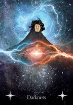 Person in dark robe with glowing orb against a cosmic background, labeled 'Darkness'.
