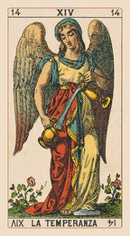 Card from a tarot deck featuring an angel with a sword and flowers, labeled 'La Temperanza'.