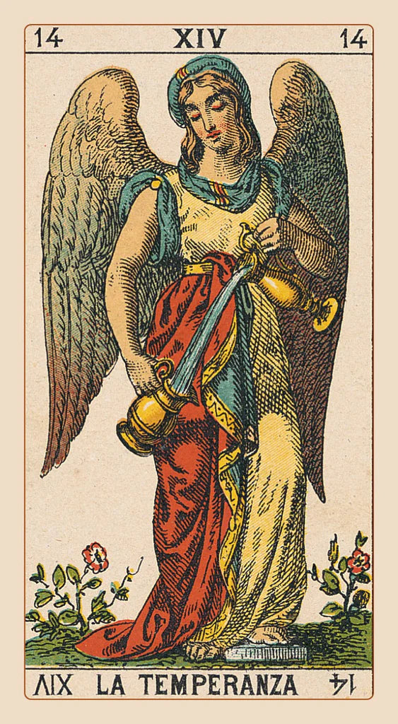 Card from a tarot deck featuring an angel with a sword and flowers, labeled 'La Temperanza'.