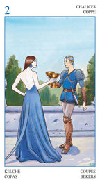 Tarot card titled 'Chalices' two of cups, man and woman  