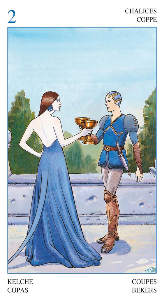 Tarot card titled 'Chalices' two of cups, man and woman  