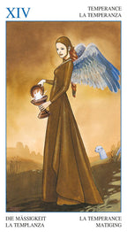 Tarot card titled 'La Temperanza' featuring a woman with wings holding a lantern against a warm-toned background.