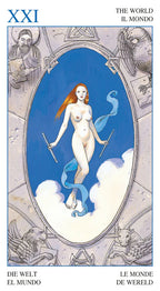 Tarot card titled 'The World' with a nude figure on a blue background, surrounded by symbolic elements.