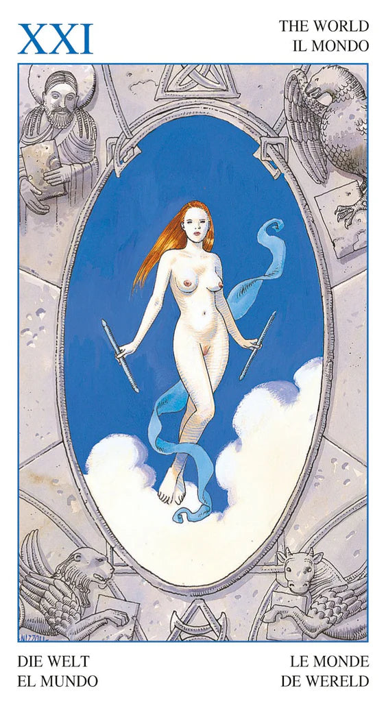Tarot card titled 'The World' with a nude figure on a blue background, surrounded by symbolic elements.